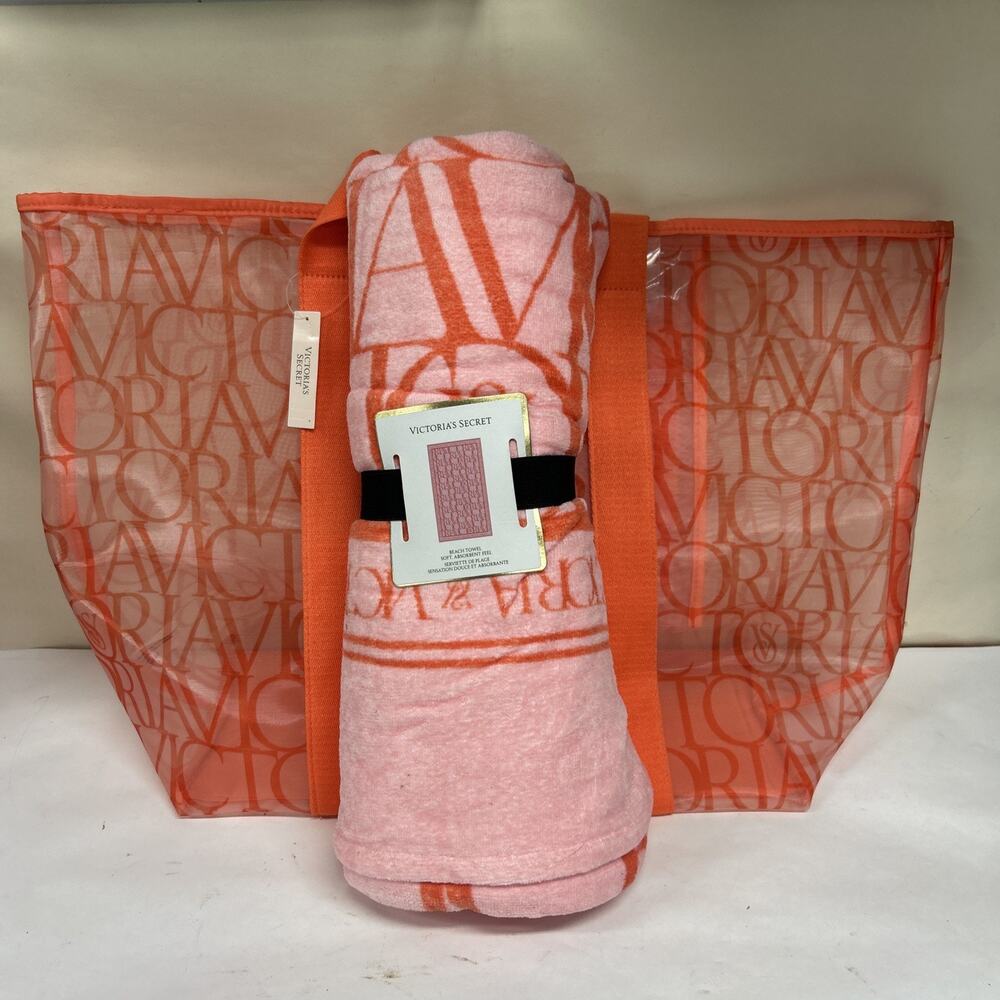 Brand New Victoria’s Secret Orange Logo Mesh Summer Beach Towel & Tote Bag Set